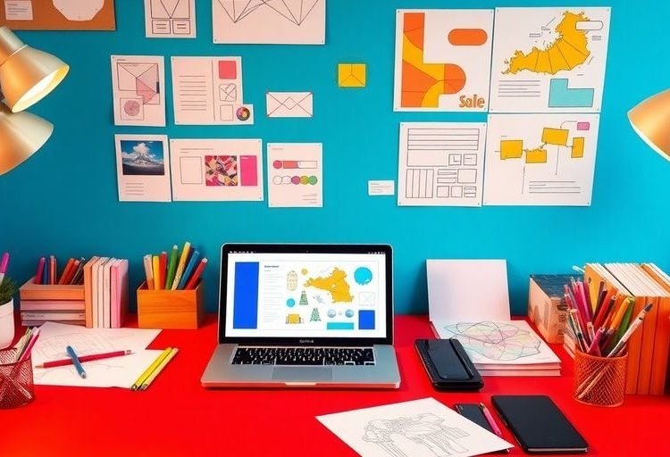 مساحة عمل مبدعة مع لاب توب وأدوات ملونة.