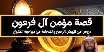 صورة لفانوس مشتعل بجانبها صورة للشيخ نبيل العوضي وعنوان مقالة قصة مؤمن آل فرعون: دروس في الإيمان الراسخ والشجاعة في مواجهة الطغيان