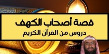 صورة لعنوان المقالة قصة أصحاب الكهف مع خلفية فانوس مشتعل وصورة للشيخ نبيل العوضي